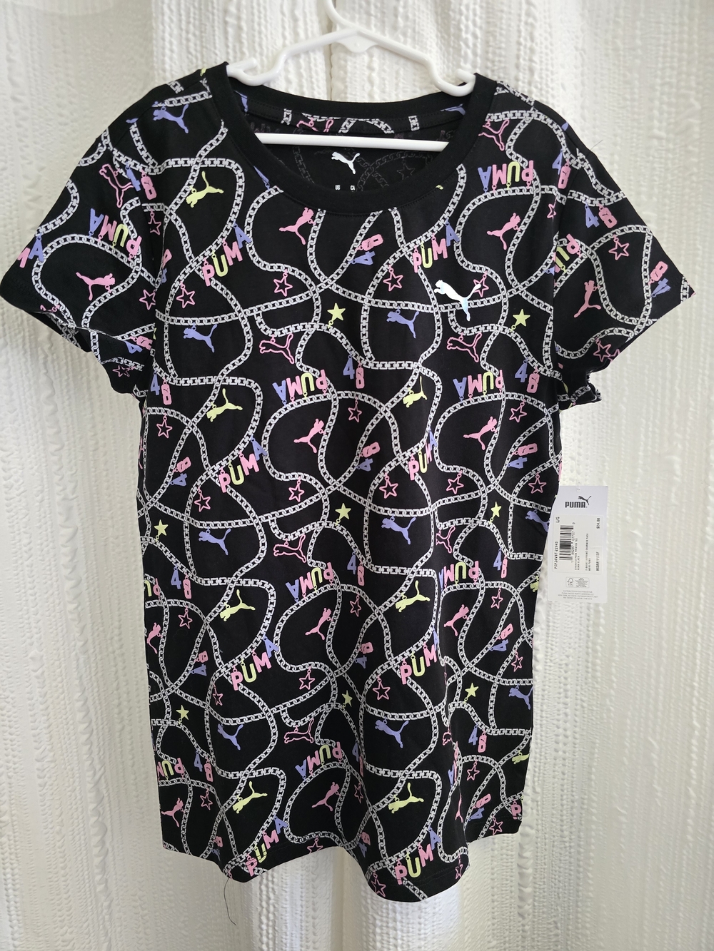 Puma Girls Large Black Short Sleeve Top with Pink, Blue & Yellow Accents
